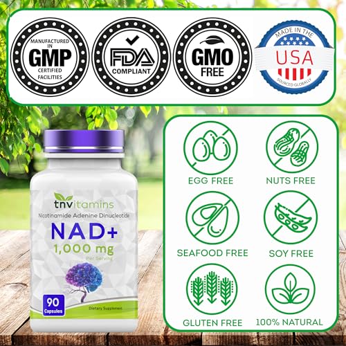 tnvitamins NAD+ Supplement 1,000 mg Per Serving - 90 Count | High Potency NAD Capsules | Nicotinamide Adenine Dinucleotide | NAD Plus Support for Energy & Vitality