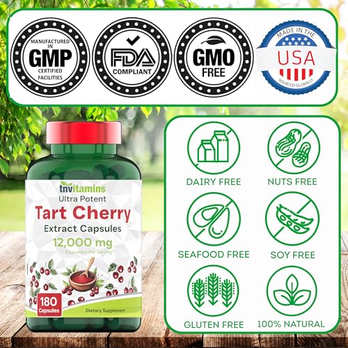 tnvitamins Tart Cherry Capsules 12,000 mg Per Serving - 180 Count | Ultra-Potent Tart Cherry Extract Capsules | Joint, Sleep, & Recovery Support* | High in Antioxidants | Non-GMO | Made in The USA!