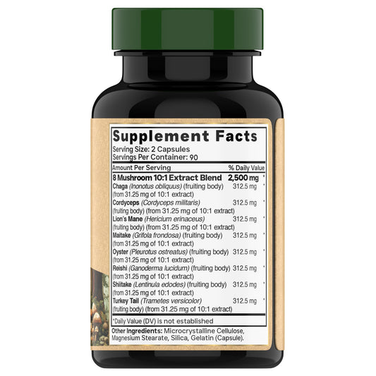 8 Mushroom Complex - 180 Capsules - Lion’s Mane, Reishi, Chaga, Cordyceps & Turkey Tail - Natural Immune, Focus & Energy* Support Supplement for Men & Women