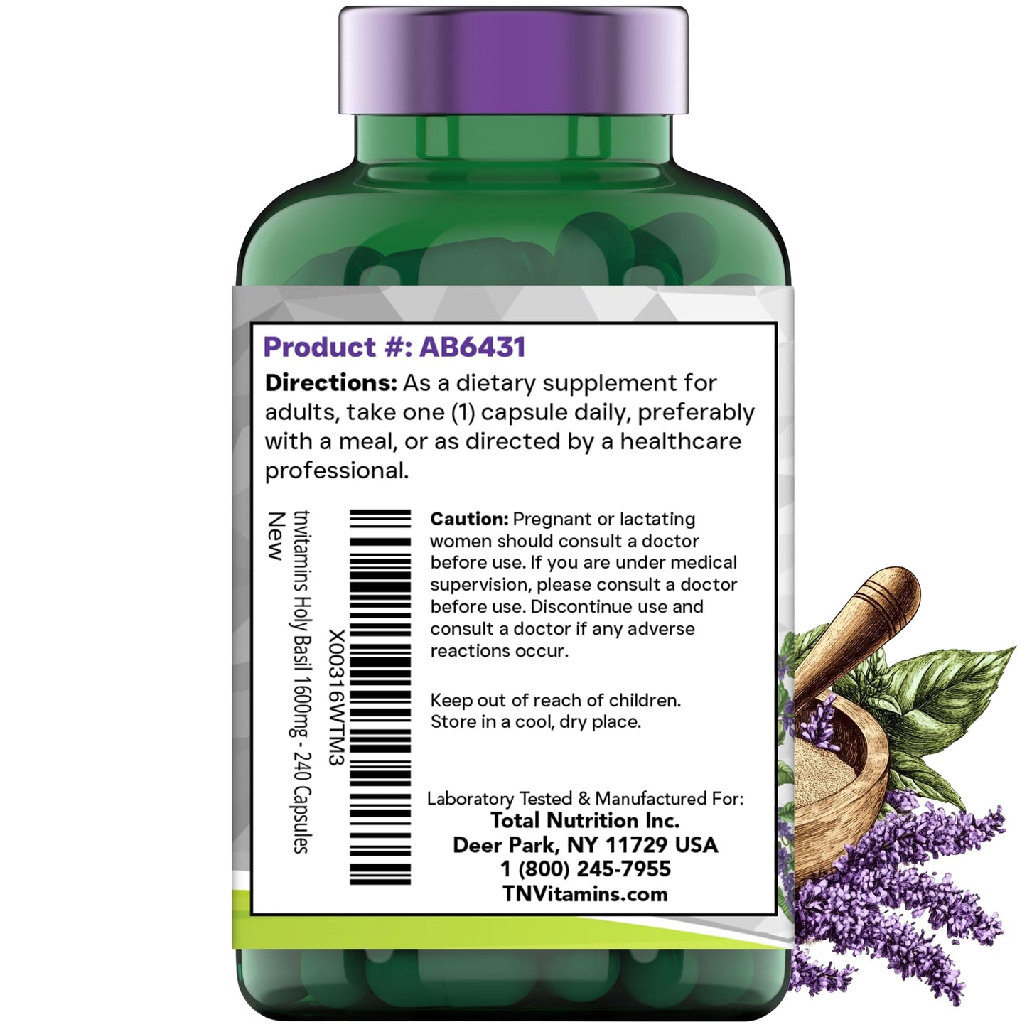Tulsi Holy Basil Capsules (1600 MG - 240 Capsules) | May Promote Stress & Frustration Relief* | Tulsi Holy Basil Leaf Powder Extract | Adaptogenic, & Ayurvedic Herb | TNVitamins