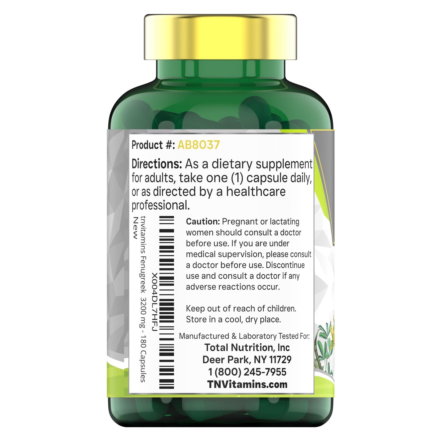tnvitamins Fenugreek Capsules: 3200 mg - 180 Capsules | Fenugreek Supplement for Men & Women | Fenugreek Seed Powder Extract | Non-GMO | Made in The USA!