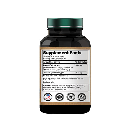 Colostrum Supplement 1,200 mg Per Serving, 180 Capsules | Standardized to 25% IgG (Immunoglobulin G) | Grass-Fed Bovine Colostrum Powder Caps | Immune Support Supplement | Non-GMO, Made in the USA!