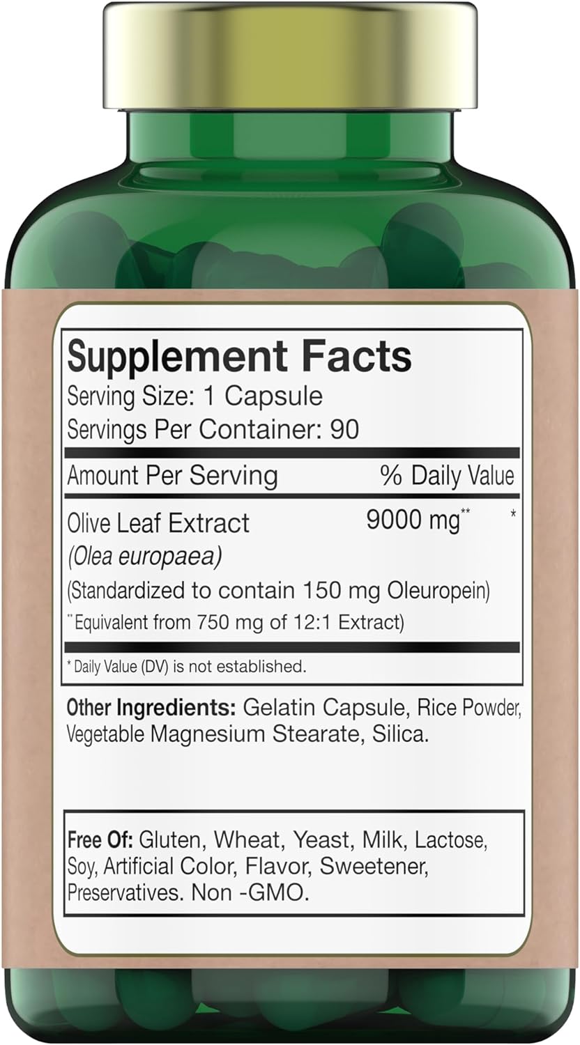 tnvitamins Olive Leaf Extract Capsules 9000 MG (90 Capsules) | Standardized to Contain 150 mg Oleuropein | Antioxidant with Polyphenols | Non-GMO. Produced & Lab-Tested in The USA