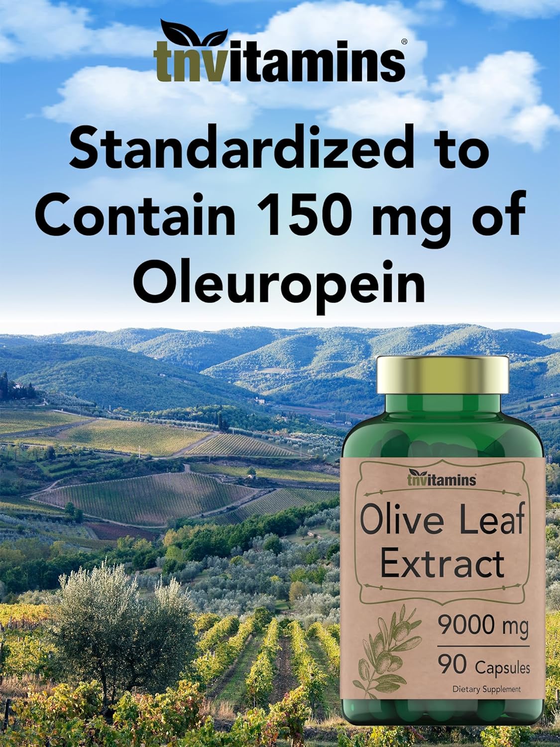 tnvitamins Olive Leaf Extract Capsules 9000 MG (90 Capsules) | Standardized to Contain 150 mg Oleuropein | Antioxidant with Polyphenols | Non-GMO. Produced & Lab-Tested in The USA