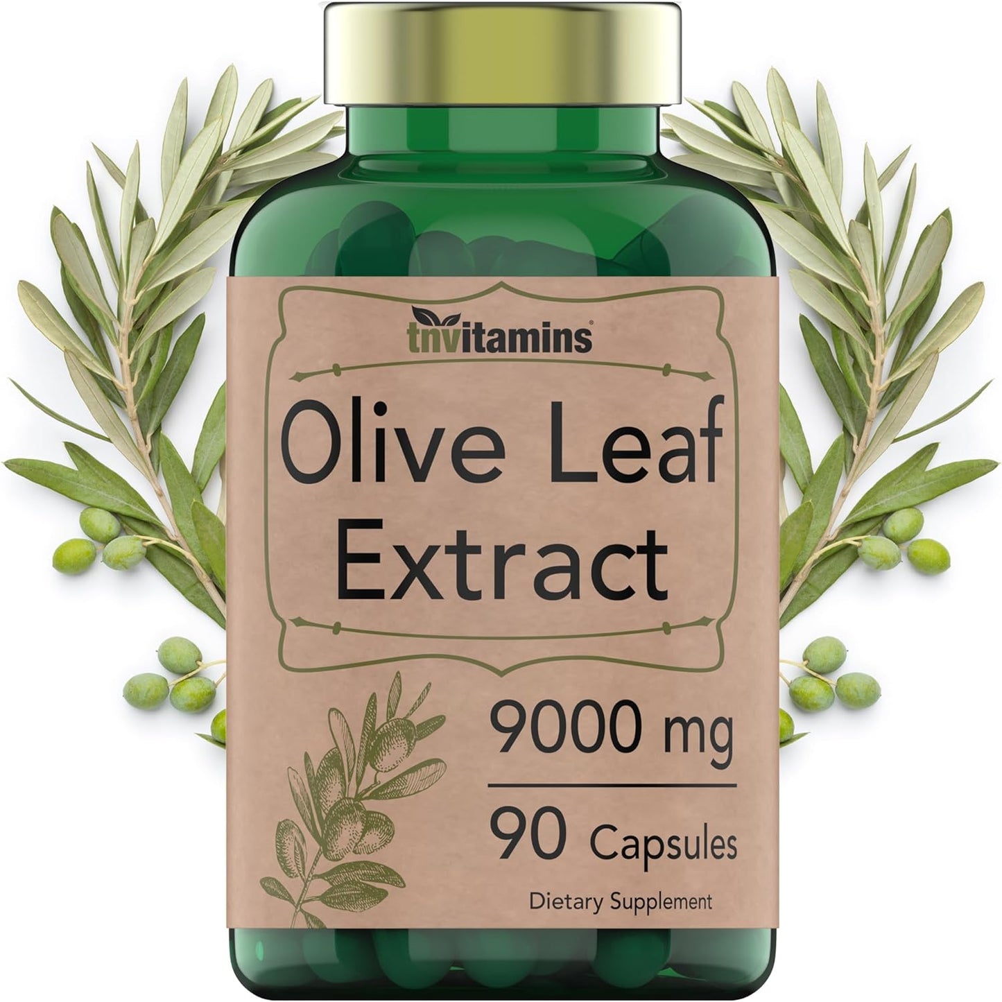 tnvitamins Olive Leaf Extract Capsules 9000 MG (90 Capsules) | Standardized to Contain 150 mg Oleuropein | Antioxidant with Polyphenols | Non-GMO. Produced & Lab-Tested in The USA