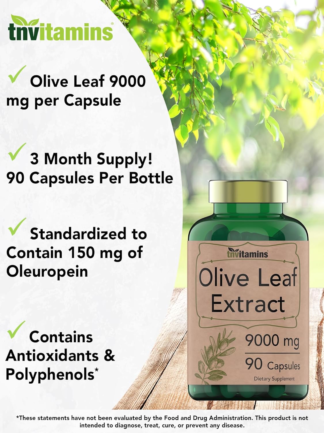 tnvitamins Olive Leaf Extract Capsules 9000 MG (90 Capsules) | Standardized to Contain 150 mg Oleuropein | Antioxidant with Polyphenols | Non-GMO. Produced & Lab-Tested in The USA
