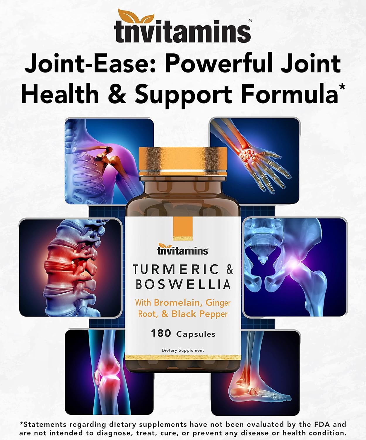 tnvitamins Turmeric & Boswellia Complex (180 Capsules) with Ginger Root , Bromelain, & Black Pepper Extract | Joint-Ease Formula: Powerful Joint Support Supplement* | Produced in The USA