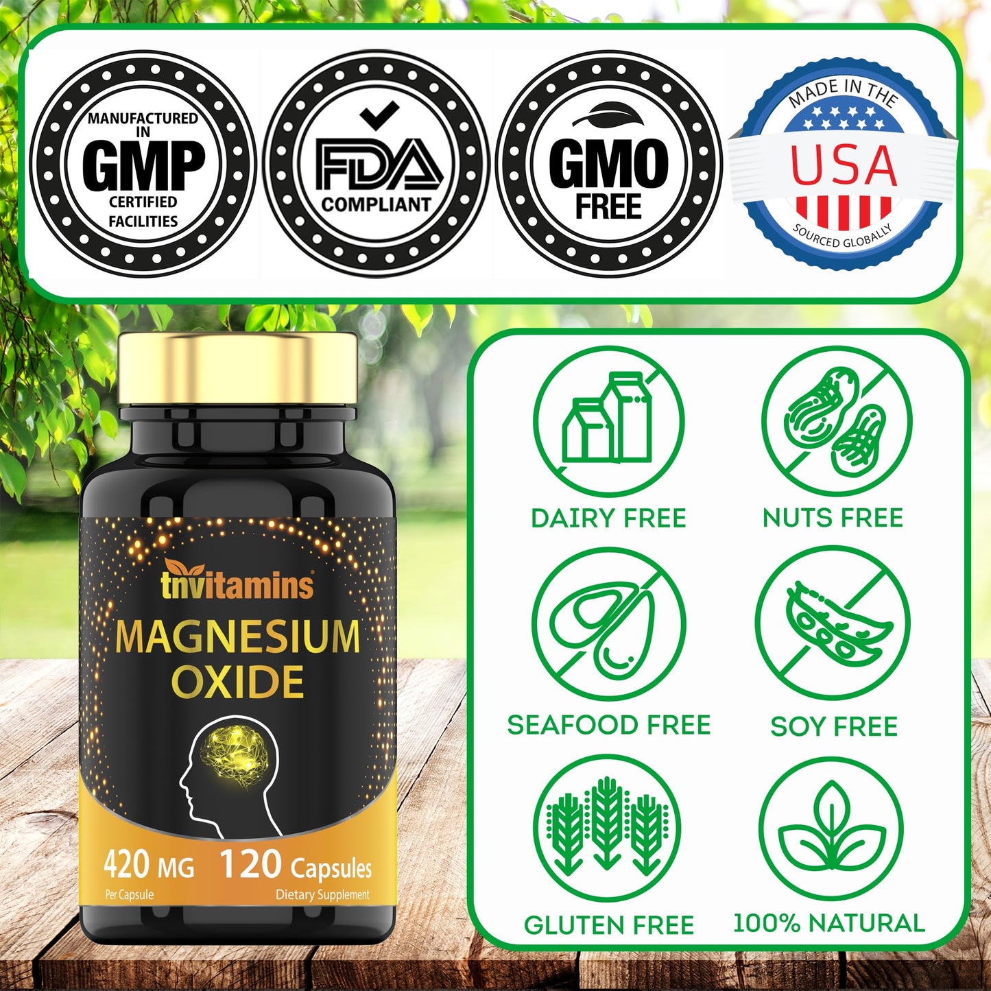 tnvitamins Magnesium Oxide 420mg - 120 Capsules | 4 Month Supply! | 100% Daily Value of Magnesium Oxide in One Capsule | Oxido de Magnesio | Non-GMO, Made in The USA