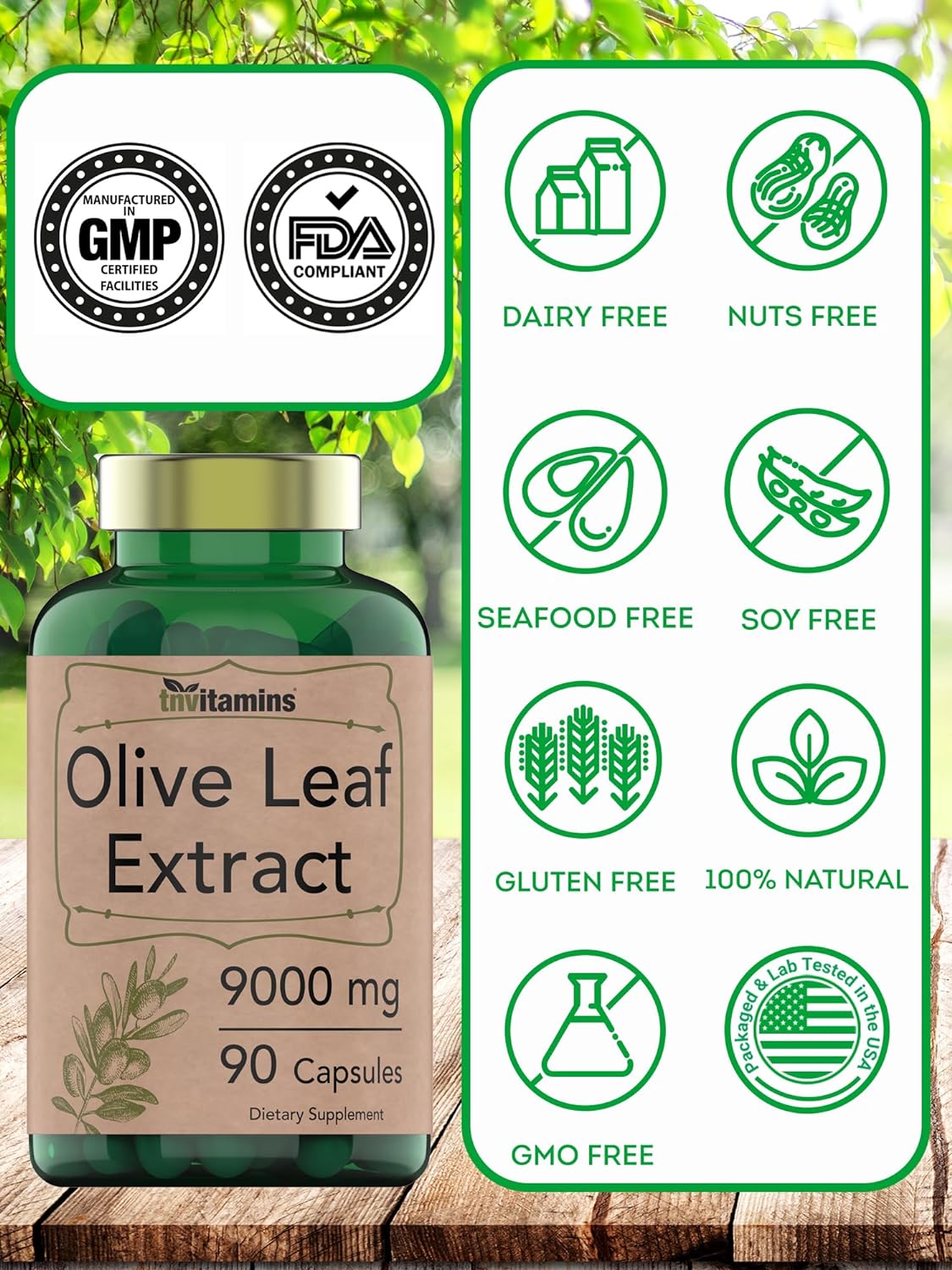 tnvitamins Olive Leaf Extract Capsules 9000 MG (90 Capsules) | Standardized to Contain 150 mg Oleuropein | Antioxidant with Polyphenols | Non-GMO. Produced & Lab-Tested in The USA