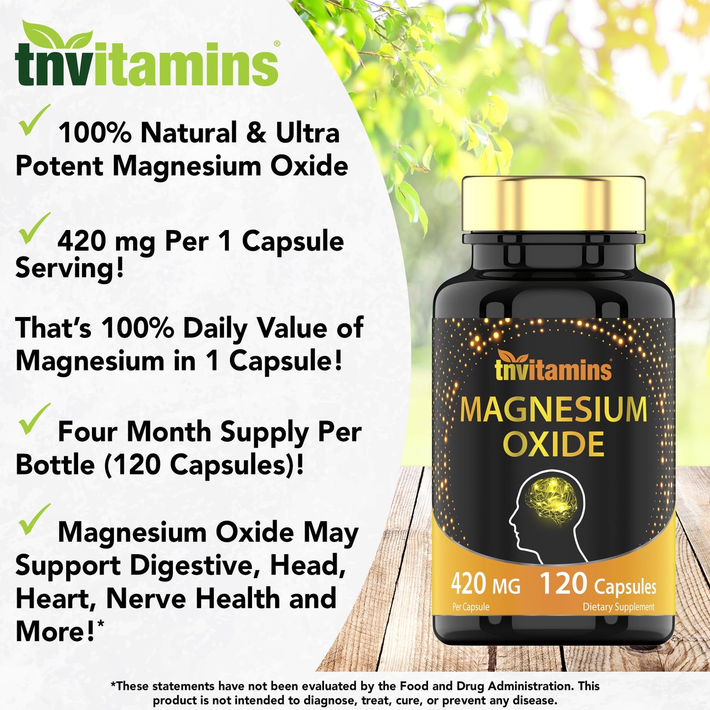 tnvitamins Magnesium Oxide 420mg - 120 Capsules | 4 Month Supply! | 100% Daily Value of Magnesium Oxide in One Capsule | Oxido de Magnesio | Non-GMO, Made in The USA
