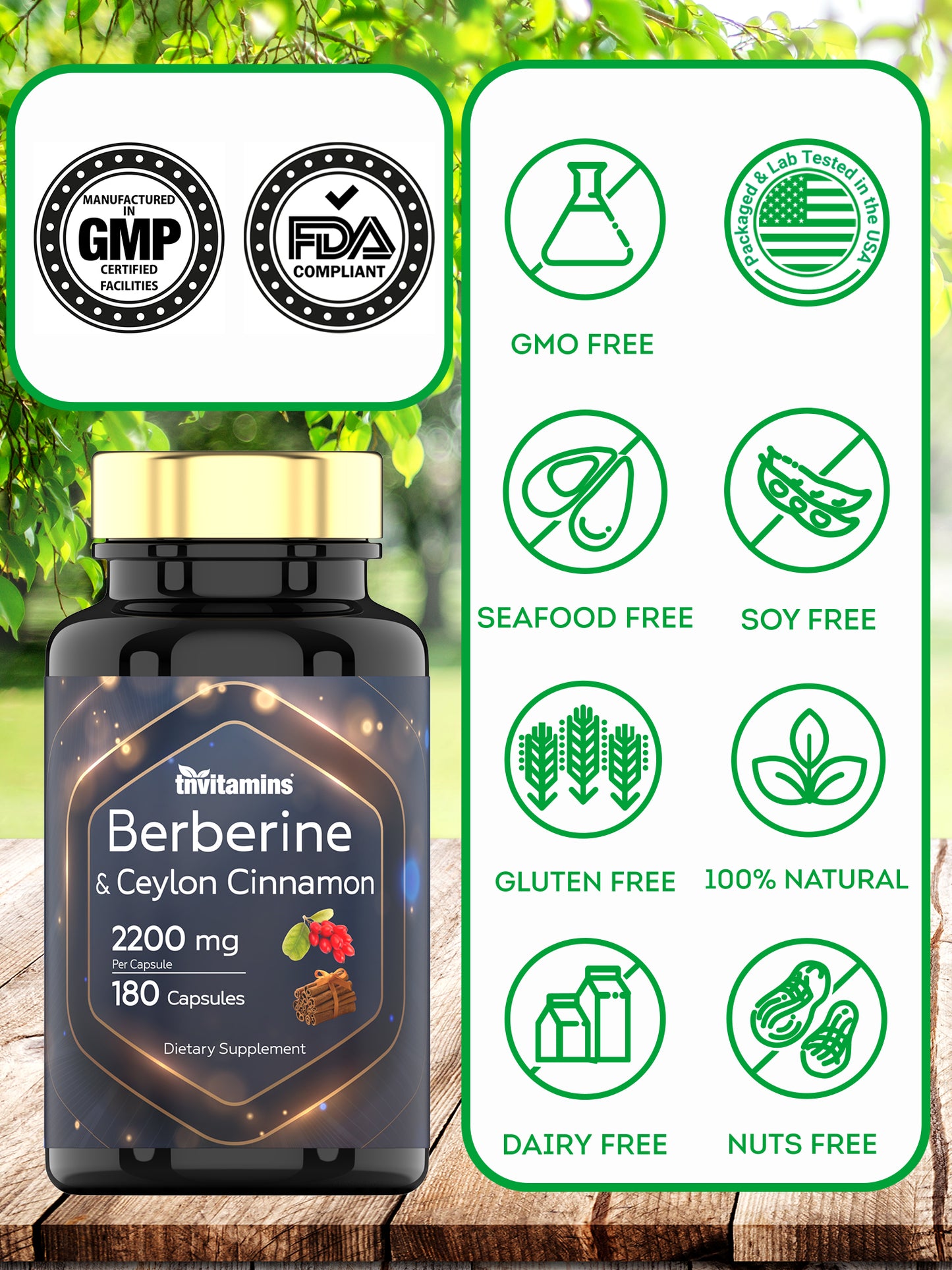 tnvitamins Berberine with Ceylon Cinnamon: 2200 mg Per Capsule - 180 Capsules | 6 Month Supply