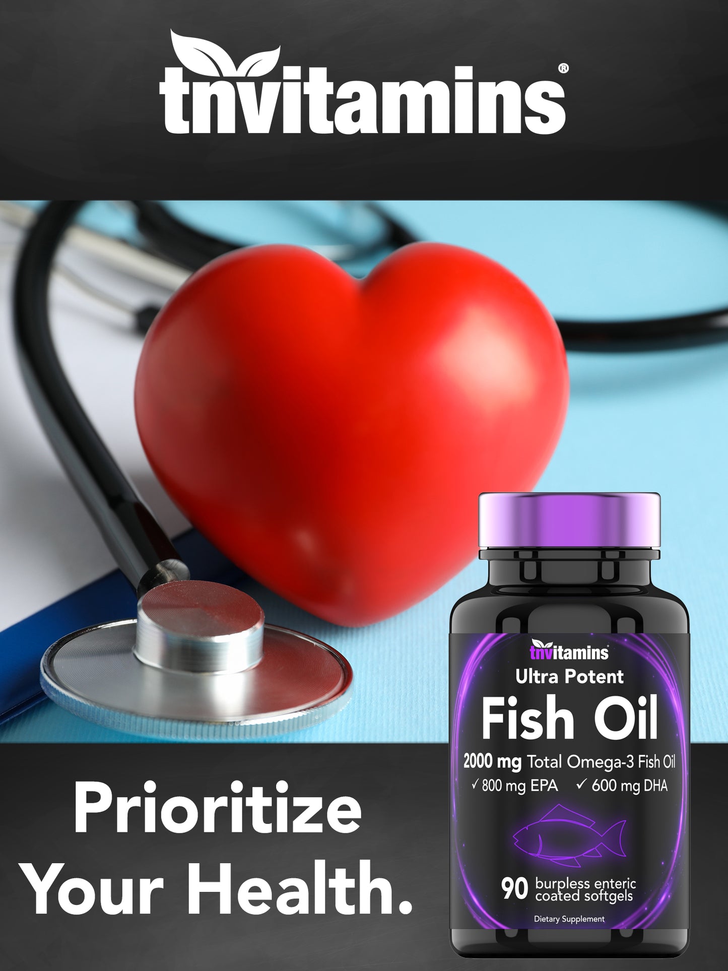 Burpless Omega-3 Fish Oil: 2000mg - 90 Softgels | 1400mg Total Omega-3 Fatty Acids (800mg EPA & 600mg DHA) | Enteric Coated Burpless Ultra Potent Fish Oil | Supports Heart Health* | by TNVitamins