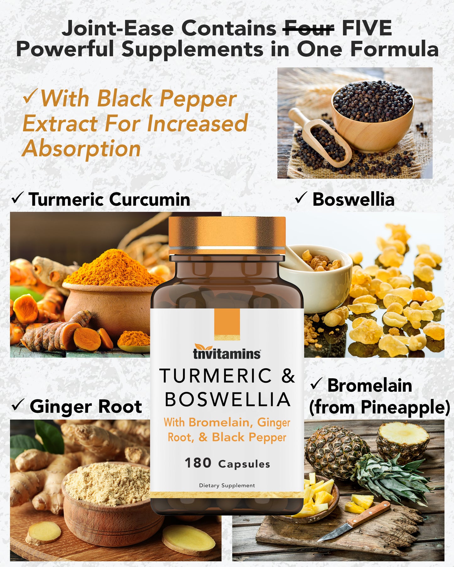 tnvitamins Turmeric & Boswellia Complex (180 Capsules) with Ginger Root , Bromelain, & Black Pepper Extract | Joint-Ease Formula: Powerful Joint Support Supplement* | Produced in The USA