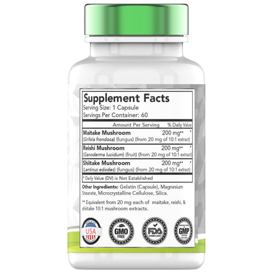 Reishi, Maitake, & Shiitake Mushroom Complex Supplement (60 Capsules - 600 MG) | Mushroom Defense Supplement | Natural Mushroom Powder Extract for The Immune System*
