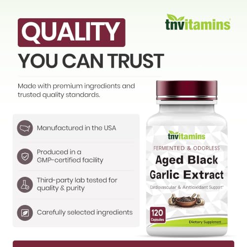 TNVitamins Aged Black Garlic Extract 25:1, 120 Vegetarian Capsules | Fermented Black Garlic | Odorless Formula | Cardiovascular & Antioxidant Support*