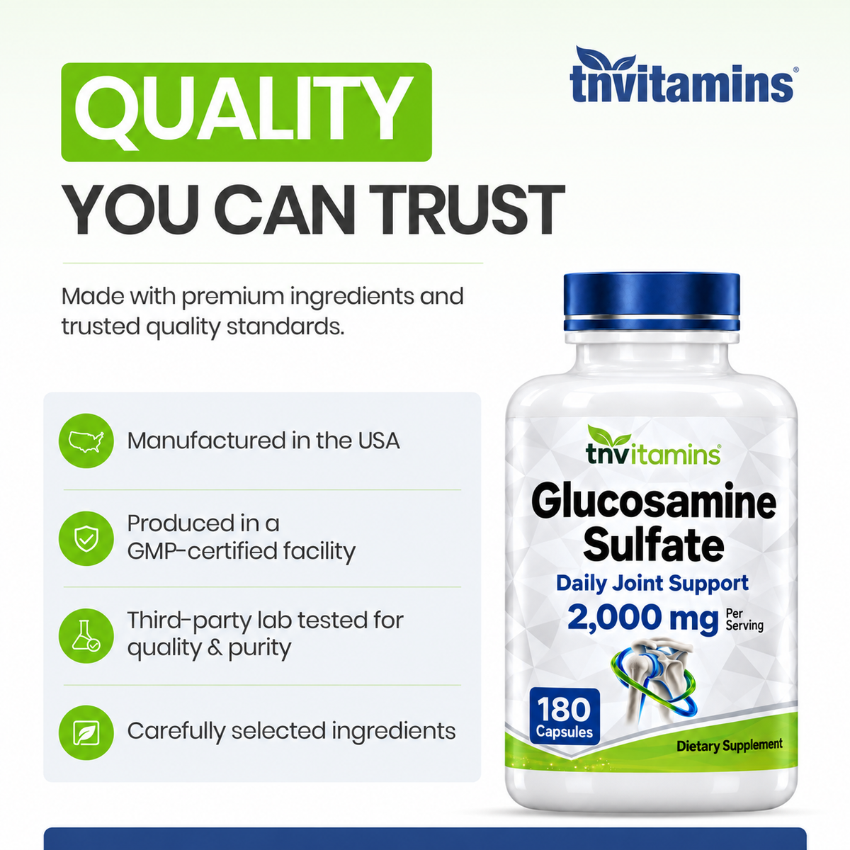 Glucosamine Sulfate Capsules 2000 MG (180 Count) | Joint Support* Supplement for Women & Men | Produced in The USA | Promotes Flexibility & Mobility* | by TNVitamins