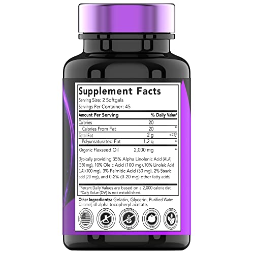 tnvitamins Organic Flaxseed Oil Softgels: 2000 mg - 90 Softgels | High in Omega-3 Fatty Acids | Flaxseed Oil Supplement for Women & Men | Non-GMO