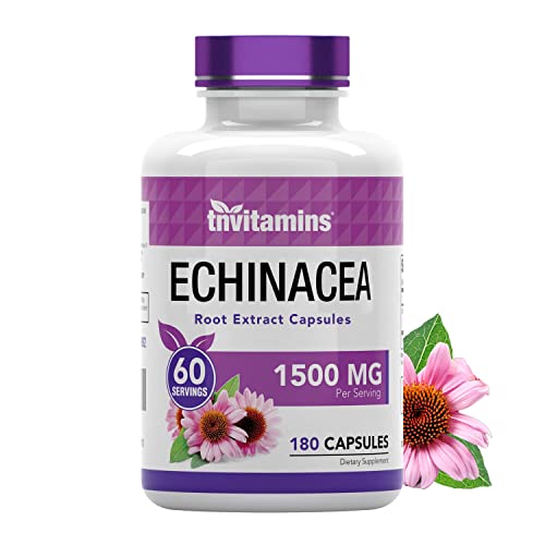 Echinacea Capsules (1500 MG - 180 Capsules) | Supports Health & Well-Being | Echinacea Root Herbal Extract Supplement | Produced in The USA | TNVitamins