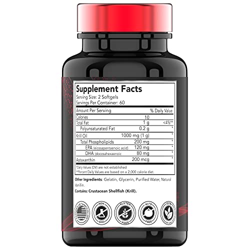 Antarctic Krill Oil 1000mg x 120 Softgels | Ultra Potent Omega-3: 120mg EPA, 80 mg DHA, 200 mcg Astaxanthin