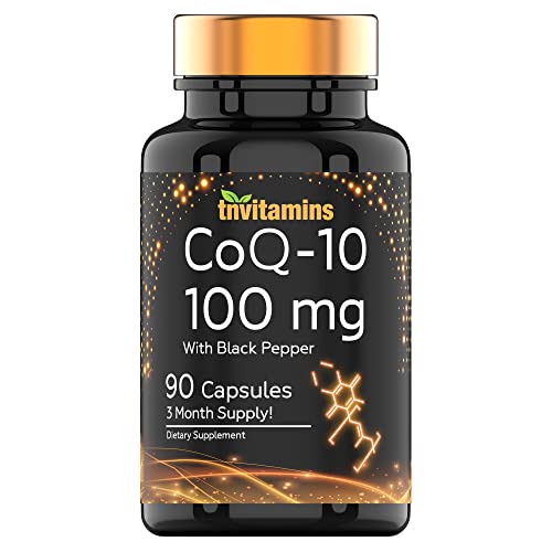 tnvitamins CoQ-10 100mg - 90 Capsules with Black Pepper Extract | Maximum Absorption Rapid Release Capsules | Coenzyme Q-10 Supplement | Powerful Free Radical Fighting Antioxidant