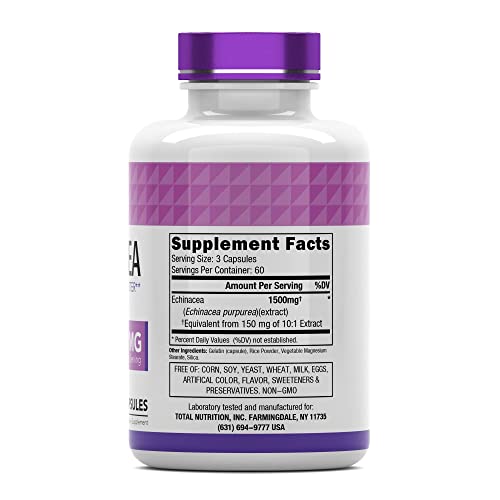 Echinacea Capsules (1500 MG - 180 Capsules) | Supports Health & Well-Being | Echinacea Root Herbal Extract Supplement | Produced in The USA | TNVitamins