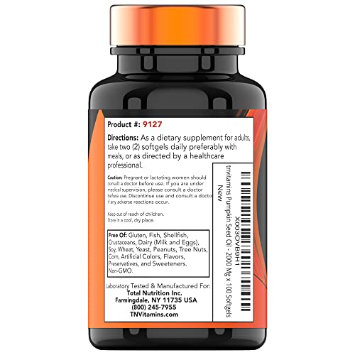 tnvitamins Pumpkin Seed Oil - 2000 mg Per Serving - 120 Softgels | Pumpkin Seed Oil for Hair Growth* | Pumpkin Seed Oil Extract Supplement for Bladder Control* | Non-GMO