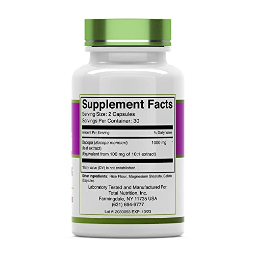 Bacopa Monnieri Capsules 1000 MG (60 Capsules) | Nootropic Brain Support Supplement* | Bacopa Leaf Extract Powder Pills | by TNVitamins