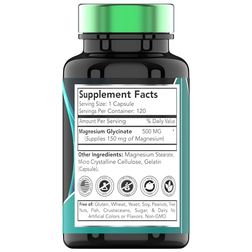 Magnesium Glycinate 500mg Per Capsule - 120 Count | 4 Month Supply! | Pure Chelated Magnesium Supplement for Sleep, Calm, Nerve, Joint, & Bone Support* | AKA Magnesium Bisgycinate | Non-GMO