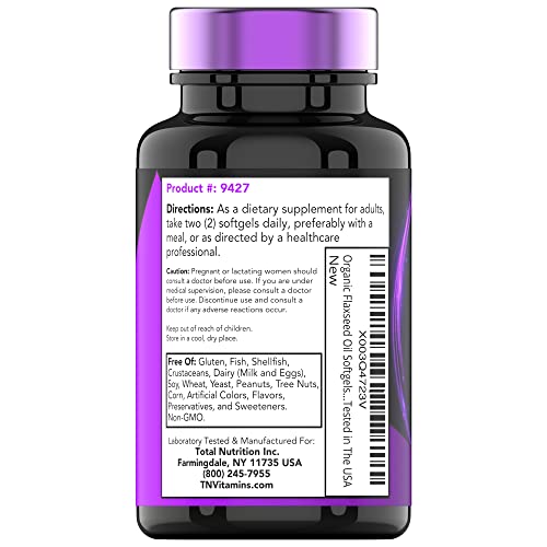 tnvitamins Organic Flaxseed Oil Softgels: 2000 mg - 90 Softgels | High in Omega-3 Fatty Acids | Flaxseed Oil Supplement for Women & Men | Non-GMO