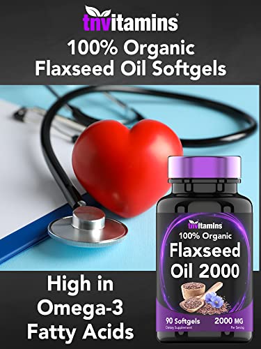 tnvitamins Organic Flaxseed Oil Softgels: 2000 mg - 90 Softgels | High in Omega-3 Fatty Acids | Flaxseed Oil Supplement for Women & Men | Non-GMO