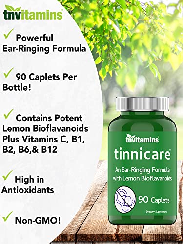 tnvitamins Tinnicare: A Comprehensive Ear-Ringing Relief Formula with Lemon Bioflavonoids, Vitamin C, & Vitamins B1, B2, B6, & B12 | 90 Caplets