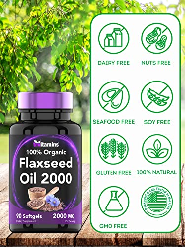 tnvitamins Organic Flaxseed Oil Softgels: 2000 mg x 90 Softgels | High in Omega-3 Fatty Acids | Flaxseed Oil Supplement for Women & Men | Non-GMO