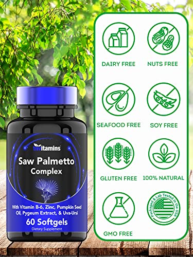 Saw Palmetto Complex with Pygeum Extract, Pumpkin Seed Oil, Vitamin B-6, Zinc, & Uva-Ursi | Prostate Supplement for Men* | Supports Hair Growth* & Urinary Tract Health* | by TNVitamins