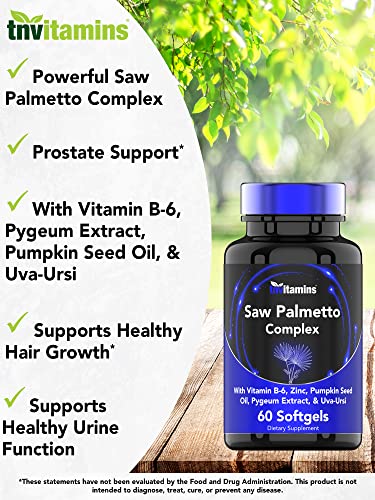 Saw Palmetto Complex with Pygeum Extract, Pumpkin Seed Oil, Vitamin B-6, Zinc, & Uva-Ursi | Prostate Supplement for Men* | Supports Hair Growth* & Urinary Tract Health* | by TNVitamins