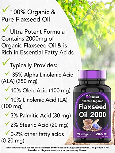 tnvitamins Organic Flaxseed Oil Softgels: 2000 mg x 90 Softgels | High in Omega-3 Fatty Acids | Flaxseed Oil Supplement for Women & Men | Non-GMO