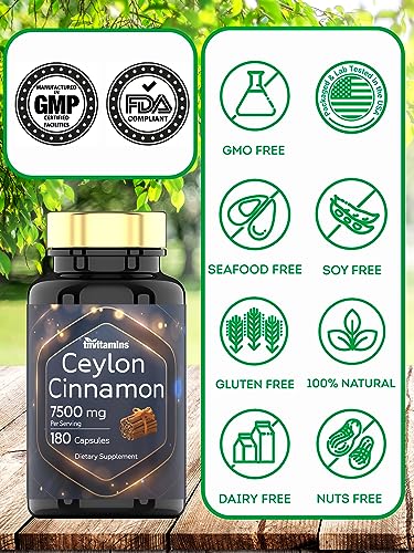 tnvitamins Ceylon Cinnamon Capsules 7500mg Per Serving - 180 Capsules | High Potency Ceylon Cinnamon Powder Pills for Women & Men