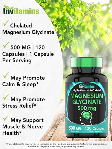 Magnesium Glycinate 500mg Per Capsule - 120 Count | 4 Month Supply! | Pure Chelated Magnesium Supplement for Sleep, Calm, Nerve, Joint, & Bone Support* | AKA Magnesium Bisgycinate | Non-GMO