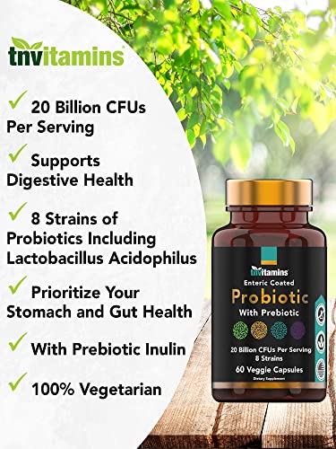 Probiotics for Women & Men with Prebiotics for Digestive Health with Acidophilus | 60 Enteric Coated Vegetarian Capsules | 20 Billion CFUs - 8 Strains | by TNVitamins