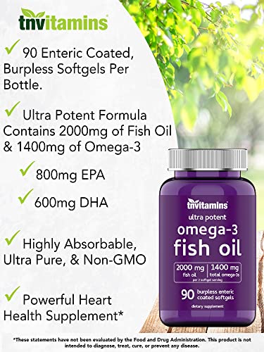Burpless Omega-3 Fish Oil: 2000mg x 90 Softgels | 1400mg Total Omega-3 Fatty Acids (800mg EPA & 600mg DHA) | Enteric Coated Burpless Ultra Potent Fish Oil | Supports Heart Health* | by TNVitamins