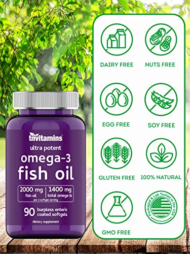 Burpless Omega-3 Fish Oil: 2000mg x 90 Softgels | 1400mg Total Omega-3 Fatty Acids (800mg EPA & 600mg DHA) | Enteric Coated Burpless Ultra Potent Fish Oil | Supports Heart Health* | by TNVitamins