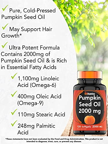 tnvitamins Pumpkin Seed Oil - 2000 MG - 120 Softgels | Pumpkin Seed Oil for Hair Growth* | Pumpkin Seed Oil Extract Supplement for Bladder Control* | Non-GMO