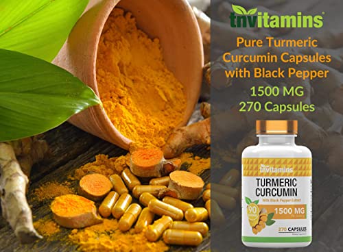 Turmeric Curcumin Capsules with Black Pepper | 1500 MG - 270 Capsules | Bulk Size - 3 Month Supply! | Golden Turmeric Curcumin Supplement with Black Pepper | Non-GMO | Produced in the USA | TNVitamins