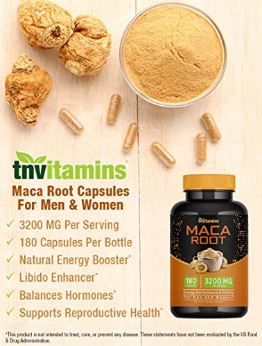 Maca Root Capsules for Women & Men (3200 MG - 180 Capsules) | Peruvian Maca Root Powder Extract Capsules | High Potency Maca Pills | Non-GMO | by TNVitamins