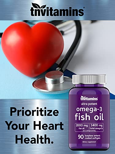 Burpless Omega-3 Fish Oil: 2000mg x 90 Softgels | 1400mg Total Omega-3 Fatty Acids (800mg EPA & 600mg DHA) | Enteric Coated Burpless Ultra Potent Fish Oil | Supports Heart Health* | by TNVitamins