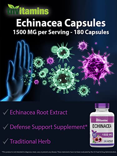 Echinacea Capsules (1500 MG - 180 Capsules) | Supports Health & Well-Being | Echinacea Root Herbal Extract Supplement | Produced in The USA | TNVitamins