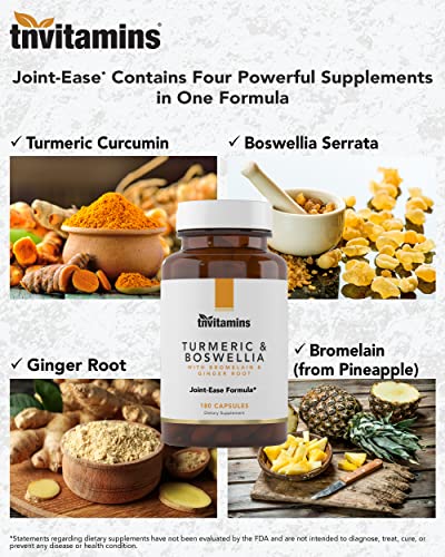 tnvitamins Turmeric & Boswellia Complex (180 Capsules) with Ginger Root , Bromelain, & Black Pepper Extract | Joint-Ease Formula: Powerful Joint Support Supplement* | Produced in The USA