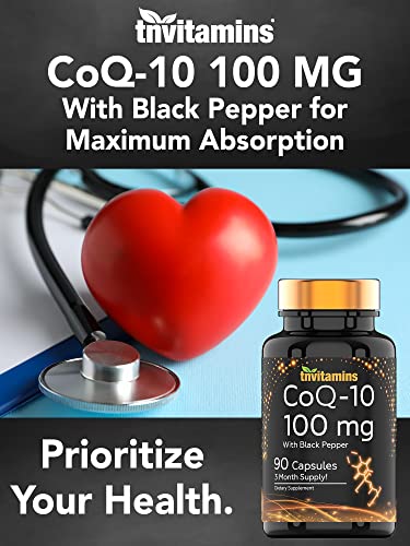 tnvitamins CoQ-10 100mg - 90 Capsules with Black Pepper Extract | Maximum Absorption Rapid Release Capsules | Coenzyme Q-10 Supplement | Powerful Free Radical Fighting Antioxidant