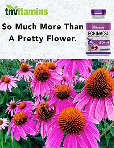 Echinacea Capsules (1500 MG - 180 Capsules) | Supports Health & Well-Being | Echinacea Root Herbal Extract Supplement | Produced in The USA | TNVitamins