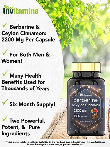 tnvitamins Berberine with Ceylon Cinnamon: 2200 mg Per Capsule - 180 Capsules | 6 Month Supply