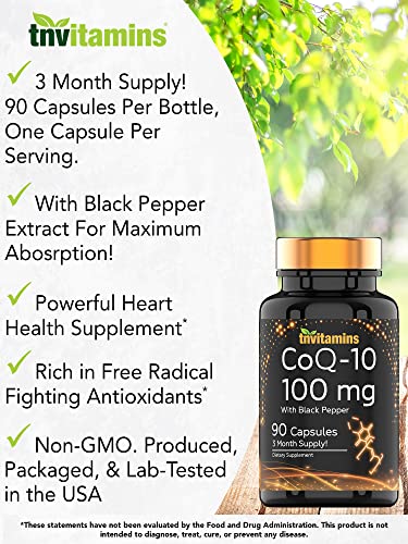 tnvitamins CoQ-10 100mg - 90 Capsules with Black Pepper Extract | Maximum Absorption Rapid Release Capsules | Coenzyme Q-10 Supplement | Powerful Free Radical Fighting Antioxidant